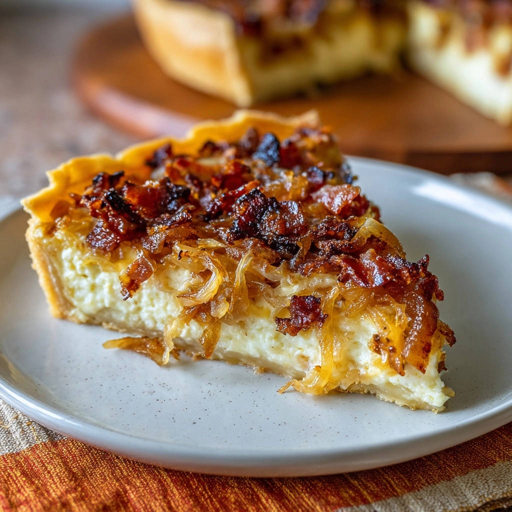 Herzhafte Zwiebel Speck Tarte Querschnitt 1 Herzhafte Zwiebel-Speck-Tarte: Ein köstlicher Querschnitt zeigt die cremige Füllung und den knusprigen Boden, serviert auf einem Teller.