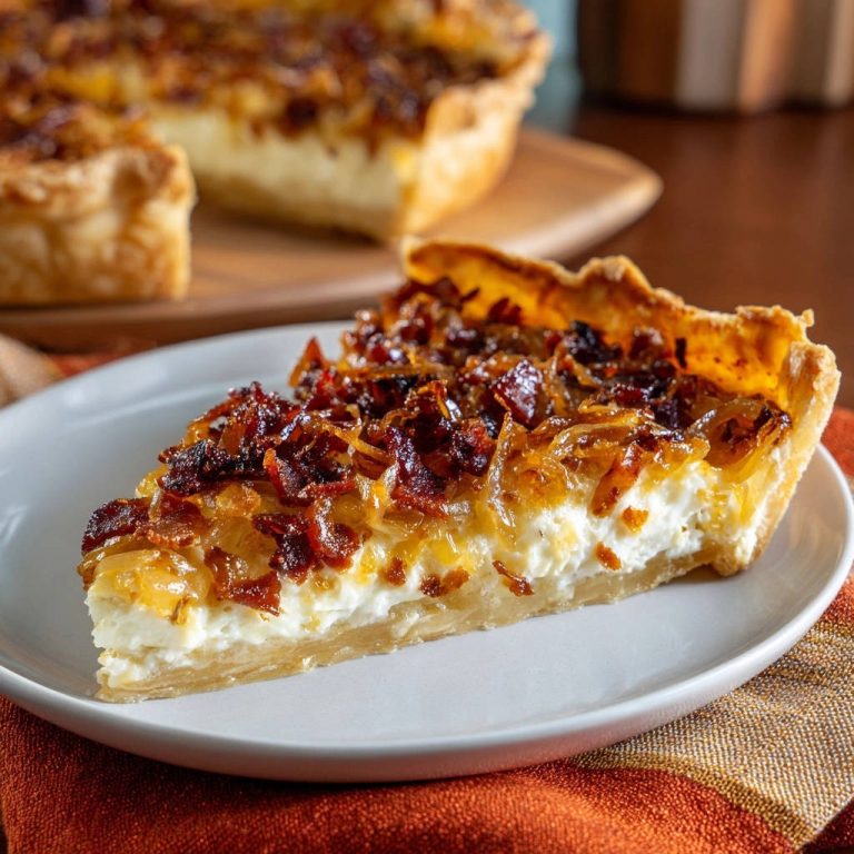 Herzhafte Zwiebel-Speck-Tarte: Ein köstlicher Querschnitt zeigt die cremige Füllung und den knusprigen Boden, serviert auf einem Teller.