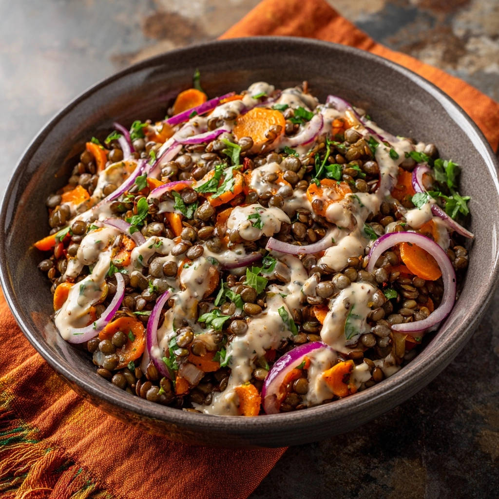 Herzhafter Linsensalat Mit Karotten Draufsicht 1 Herzhafter Linsensalat mit Karotten und Tahini in einer Schüssel, serviert von oben mit frischem Grün und Zwiebelringen. Nie wieder Matsch!