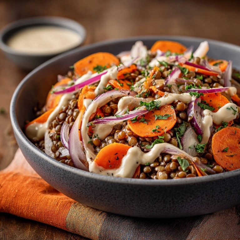 Herzhafter Linsensalat mit Karotten und Tahini in einer Schüssel, serviert mit frischen Karottenscheiben, roten Zwiebeln und cremiger Tahini-Soße.