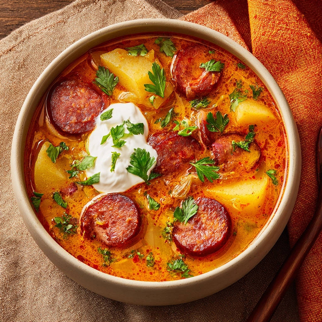 Herzhafter Paprika Wurst Eintopf Draufsicht Serviert 1 Herzhafter Paprika-Wurst-Eintopf, serviert in einer rustikalen Schale, mit einer großzügigen Portion Sauerrahm und frischer Petersilie garniert.