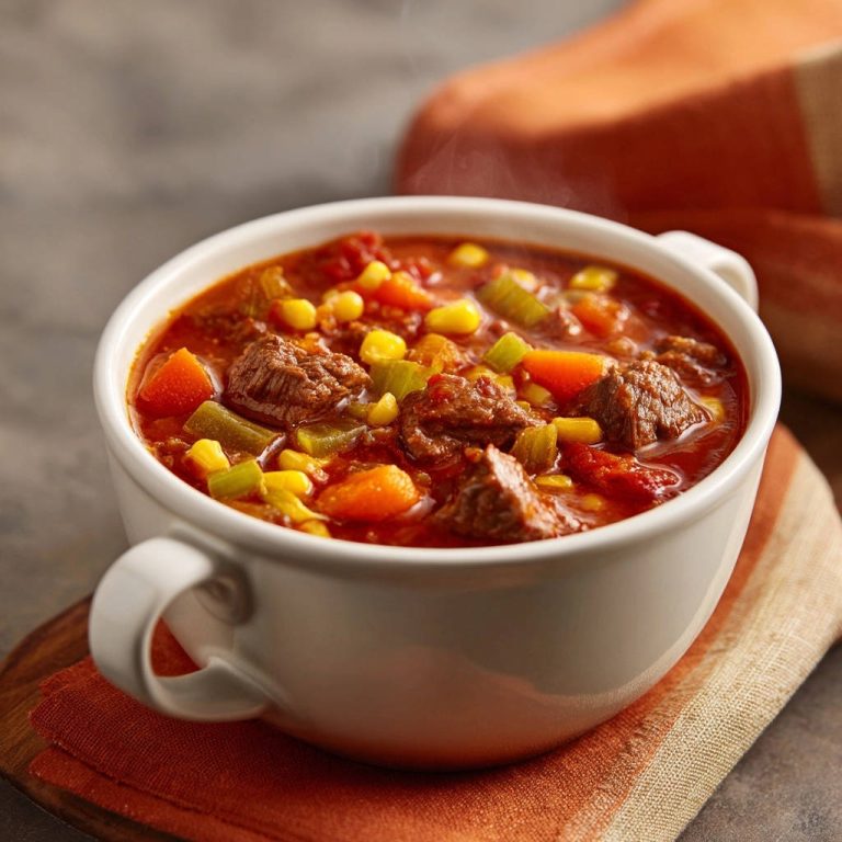 Herzhafter Rindergulasch-Eintopf in einer weißen Schüssel, eine Nahaufnahme des Eintopfs mit dampfenden Aromen. Der Eintopf ist reich an Gemüse und Fleisch.