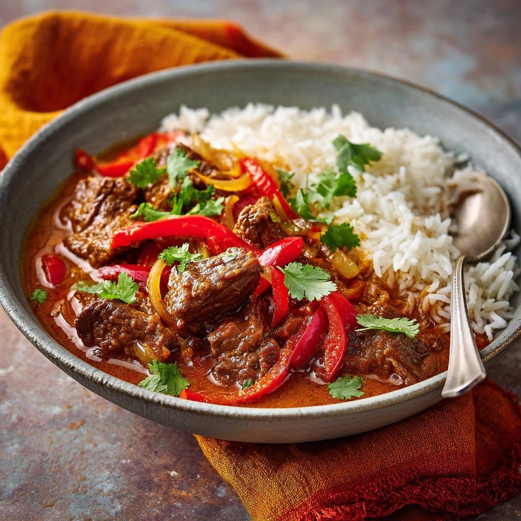Herzhaftes Rindfleisch Gulasch Mit Paprika Serviert 1 Herzhaftes Rindfleisch-Gulasch mit Paprika und Reis serviert in einer Schüssel, garniert mit frischer Petersilie und roten Paprikastreifen.