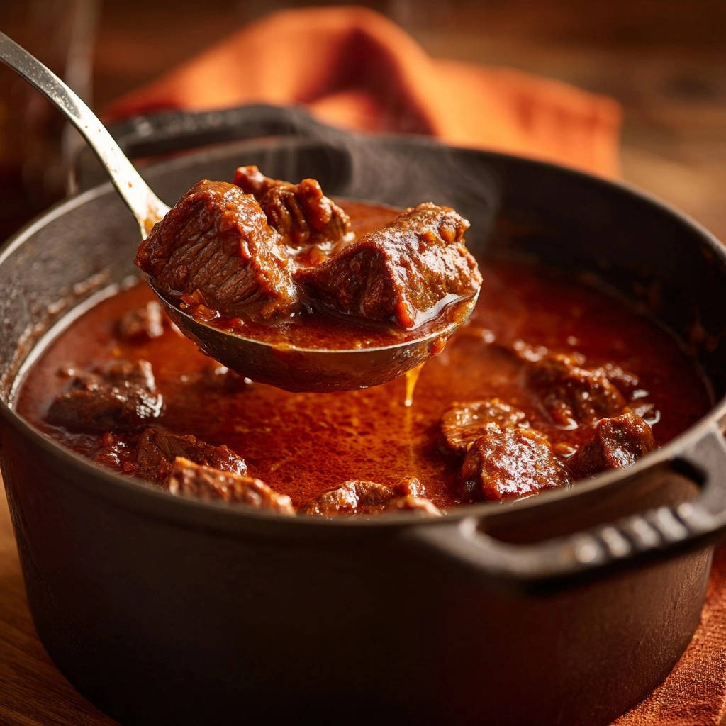 Herzhaftes Rindsgulasch Lffel Nahaufnahme 1 Herzhaftes Rindsgulasch in einer Gusseisenpfanne, nah aufgenommen. Ein Löffel hebt köstliche Fleischstücke und Soße hervor.