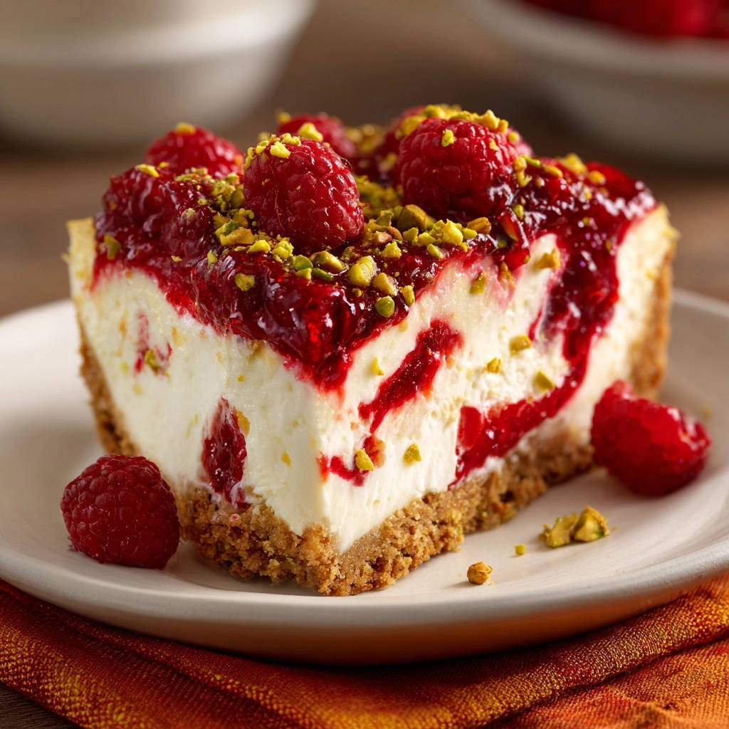 Himbeer Pistazien Cheesecake Querschnitt Serviert 1 Himbeer-Pistazien-Cheesecake: Ein köstliches Stück serviert auf einem Teller, mit Blick auf den cremigen Innenraum und die fruchtige Himbeersauce.