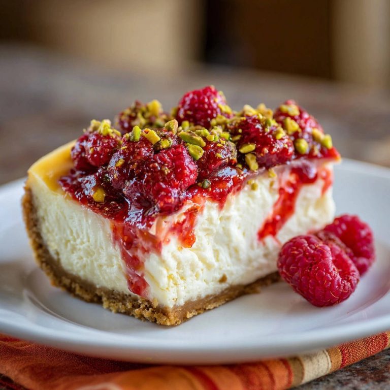 Himbeer-Pistazien-Cheesecake: Nahaufnahme eines einzelnen Stücks, serviert auf einem weißen Teller, mit frischen Himbeeren und Pistazien garniert.