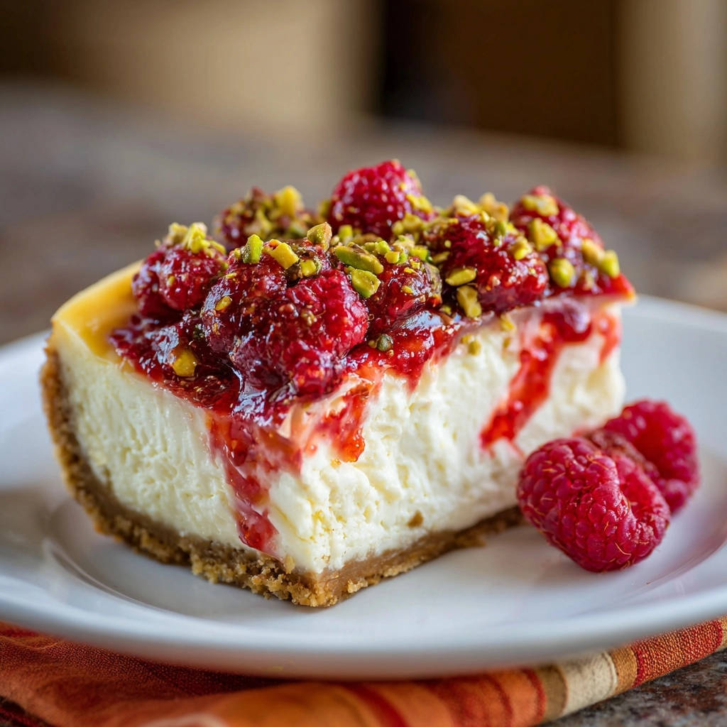 Himbeer-Pistazien-Cheesecake: Nahaufnahme eines einzelnen Stücks, serviert auf einem weißen Teller, mit frischen Himbeeren und Pistazien garniert.