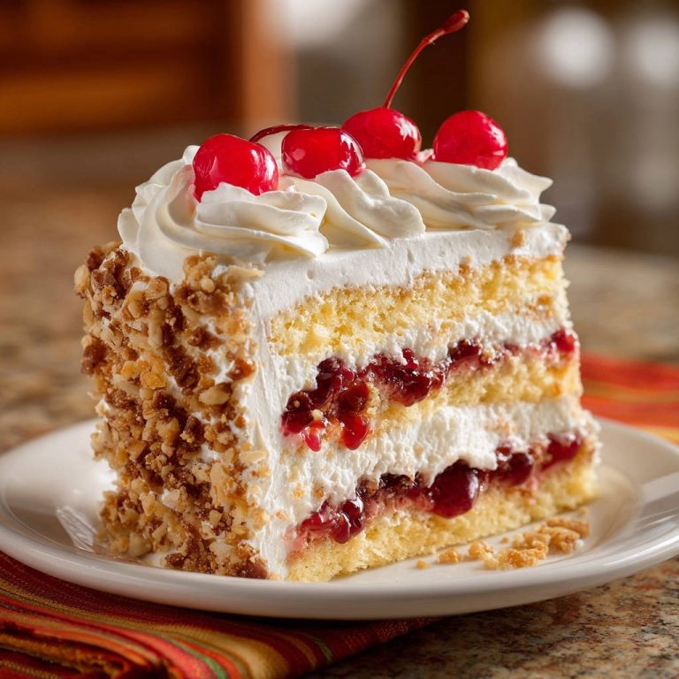 Kirsch-Sahne-Torte zeigt einen köstlichen Anschnitt mit geschichteten Biskuitböden, Sahne, Kirschen und Nussstreuseln, serviert auf einem Teller.