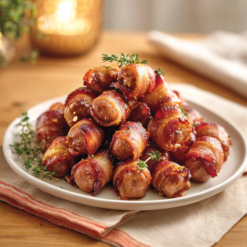 Kleine Bacon Roellchen Draufsicht Serviert 1 Kleine Bacon-Röllchen sind knusprig karamellisiert und auf einem Teller serviert, dekoriert mit frischem Thymian. Diese herzhaften Snacks sind unwiderstehlich.