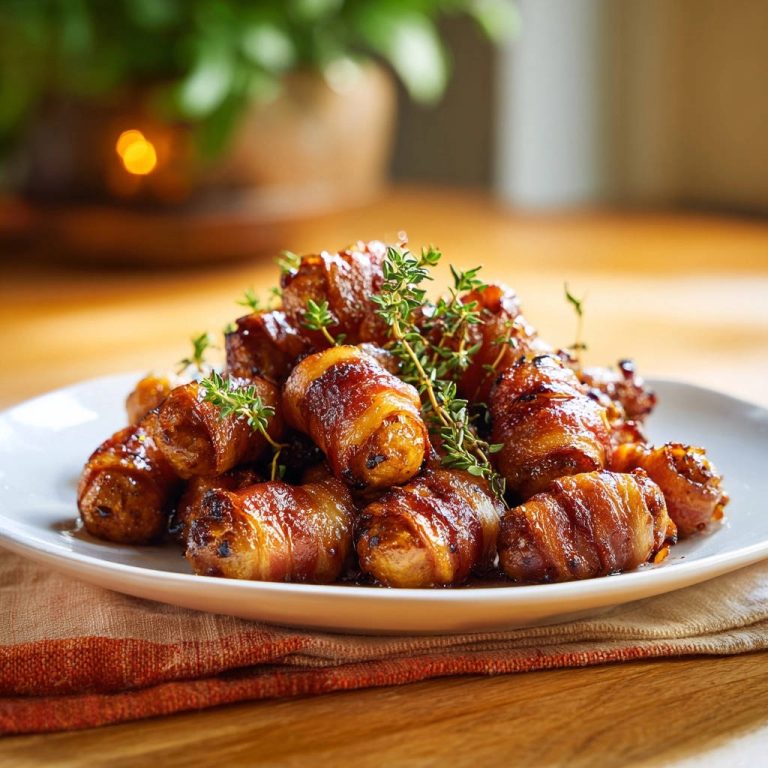 Kleine Bacon-Röllchen, serviert auf einem weißen Teller, glänzen appetitlich. Die knusprigen, karamellisierten Röllchen sind mit frischem Thymian garniert.