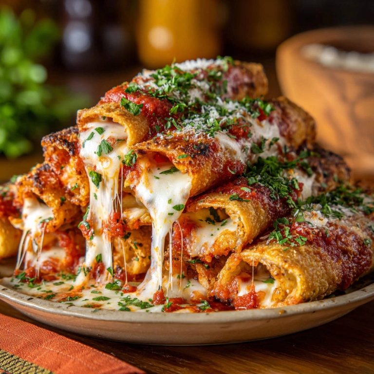 Knusprige Käse-Hähnchen-Roll-Ups in Nahaufnahme, wobei der geschmolzene Käse zwischen den knusprigen Rollen herausläuft und zieht.