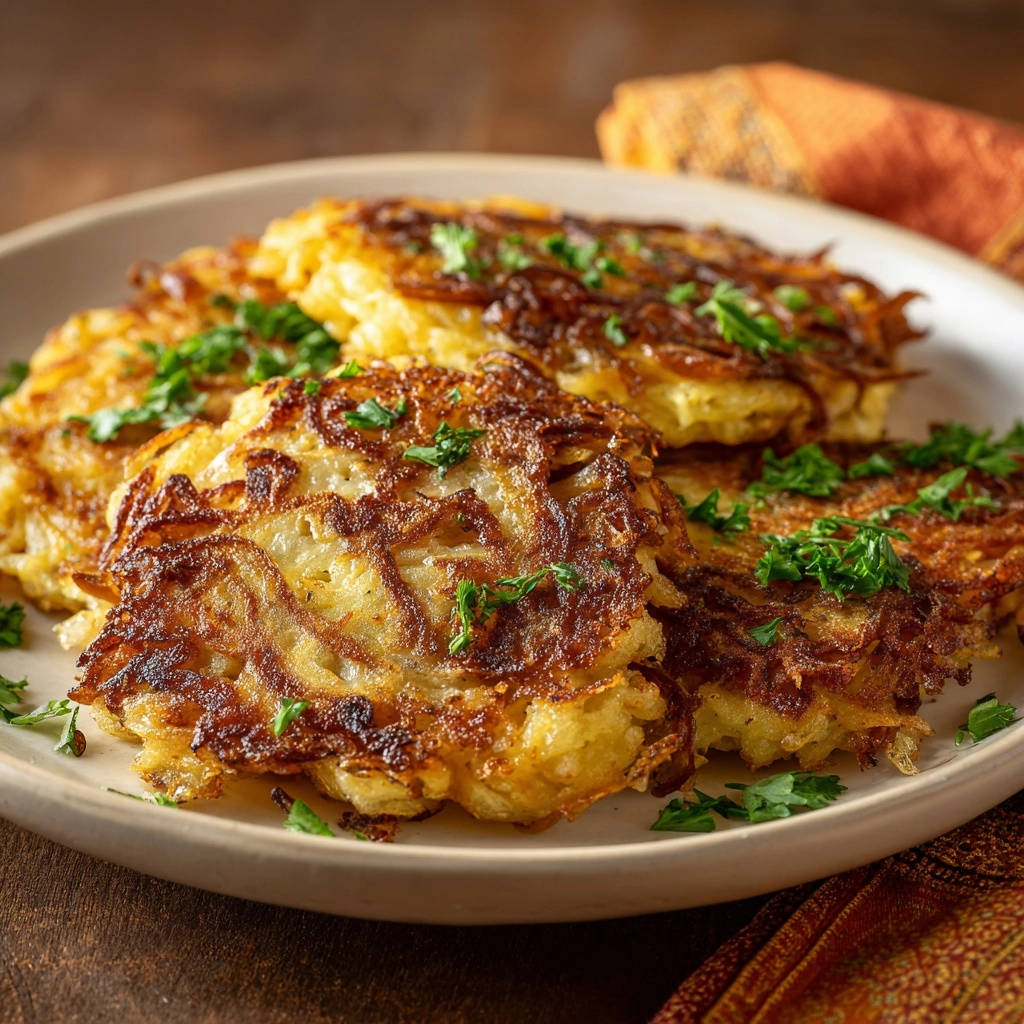 Knusprige Kartoffelpuffer Serviert 1 Knusprige Kartoffelpuffer, serviert auf einem hellen Teller, garniert mit frischer Petersilie. Die goldbraunen Puffer sehen unglaublich appetitlich aus.