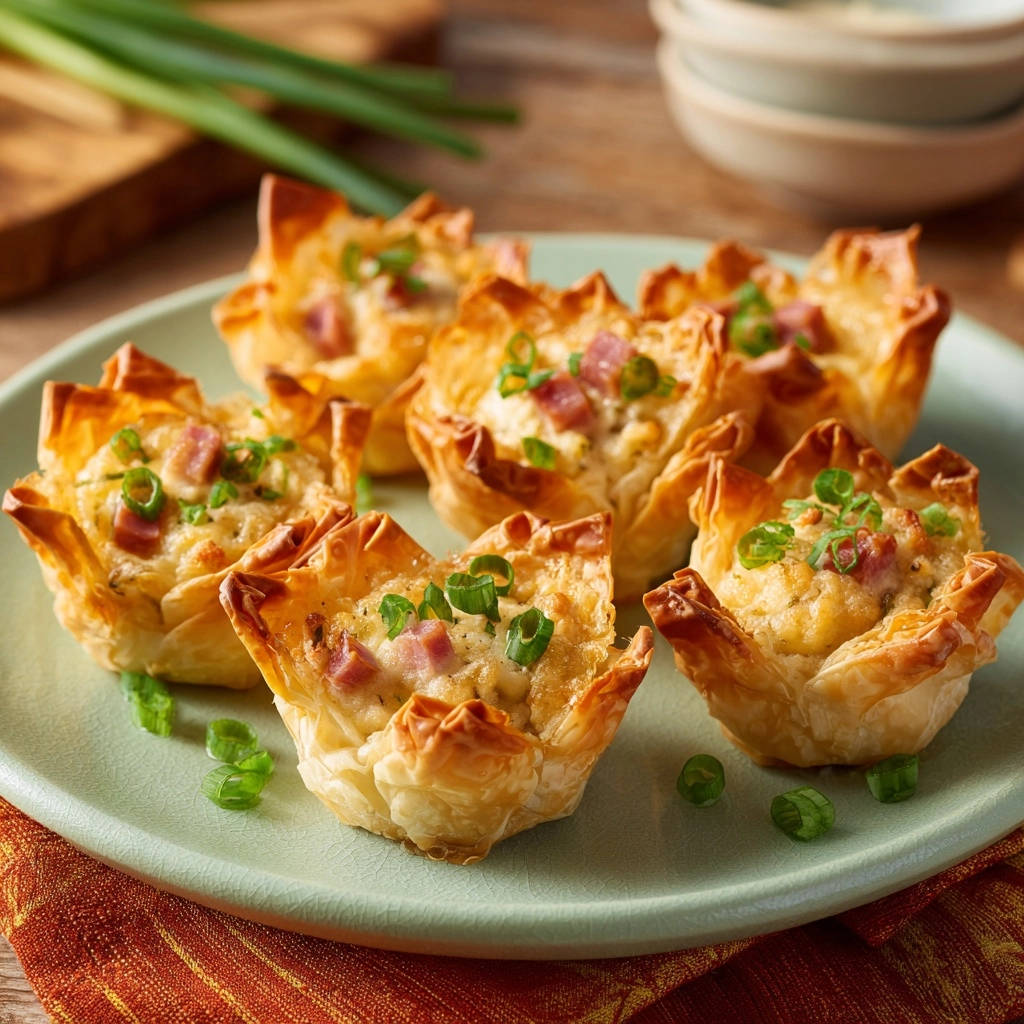 Knusprige Mini Quiches Mit Bacon Und Kase Serviert 1 Knusprige Mini Quiches mit Bacon und Käse, serviert auf einem grünen Teller, garniert mit frischen Schnittlauchringen, perfekt für einen leckeren Snack.