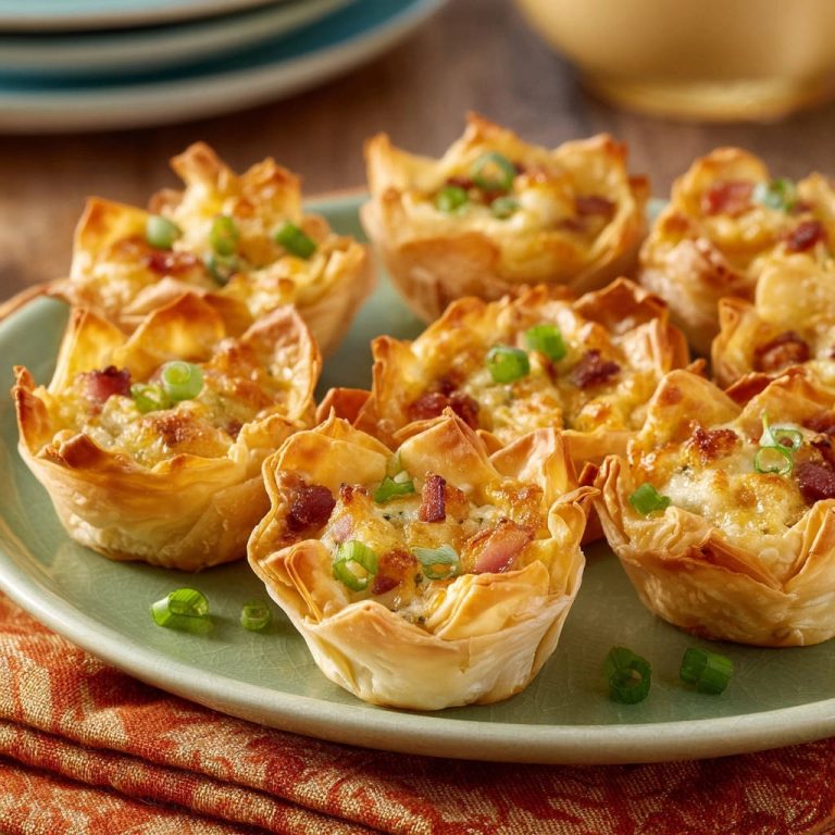 Knusprige Mini Quiches mit Bacon und Käse, serviert auf einem grünen Teller, sind ein unwiderstehlicher Genuss für jeden Anlass.