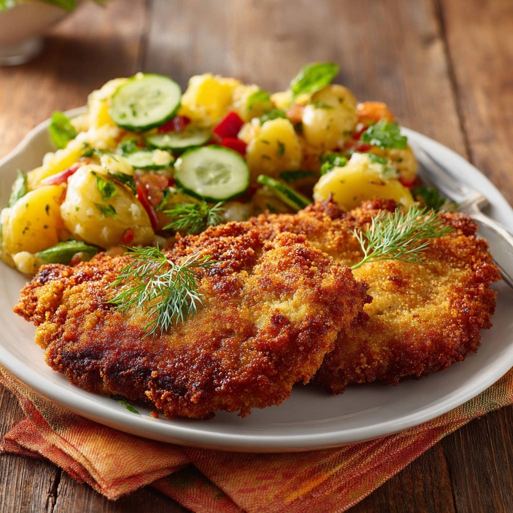 Knuspriges Fischfilet Mit Dill Kartoffel Zucchini Salat Serv 1 Knuspriges Fischfilet mit Dill-Kartoffel-Zucchini-Salat serviert auf einem Teller, garniert mit frischem Dill und serviert mit Kartoffelsalat.