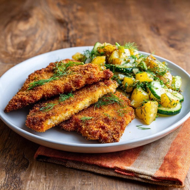Knuspriges Fischfilet mit Dill-Kartoffel-Zucchini-Salat serviert auf einem weißen Teller, garniert mit frischem Dill, umgeben von Holzmaserung.
