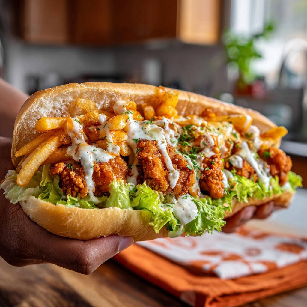 Knuspriges Fried Chicken Sub Deluxe Nahaufnahme 1 Knuspriges Fried Chicken Sub Deluxe im Detail von Nahem. Der üppig belegte Sub ist mit knusprigem Hühnchen und Pommes gefüllt.