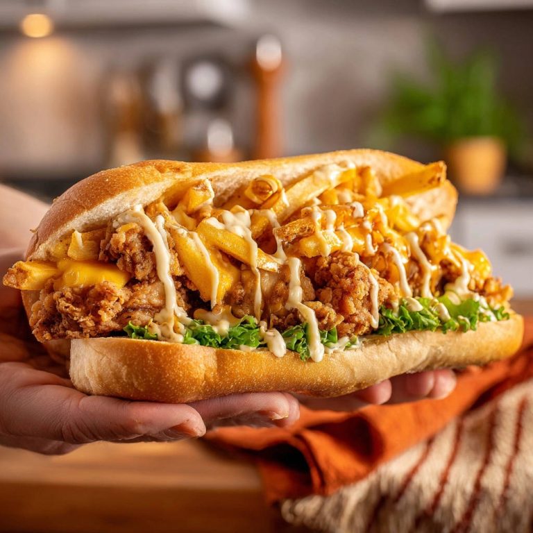 Knuspriges Fried Chicken Sub Deluxe im Detail: Ein üppiges Sandwich mit knusprigem Hähnchen, Pommes und cremigen Soßen.