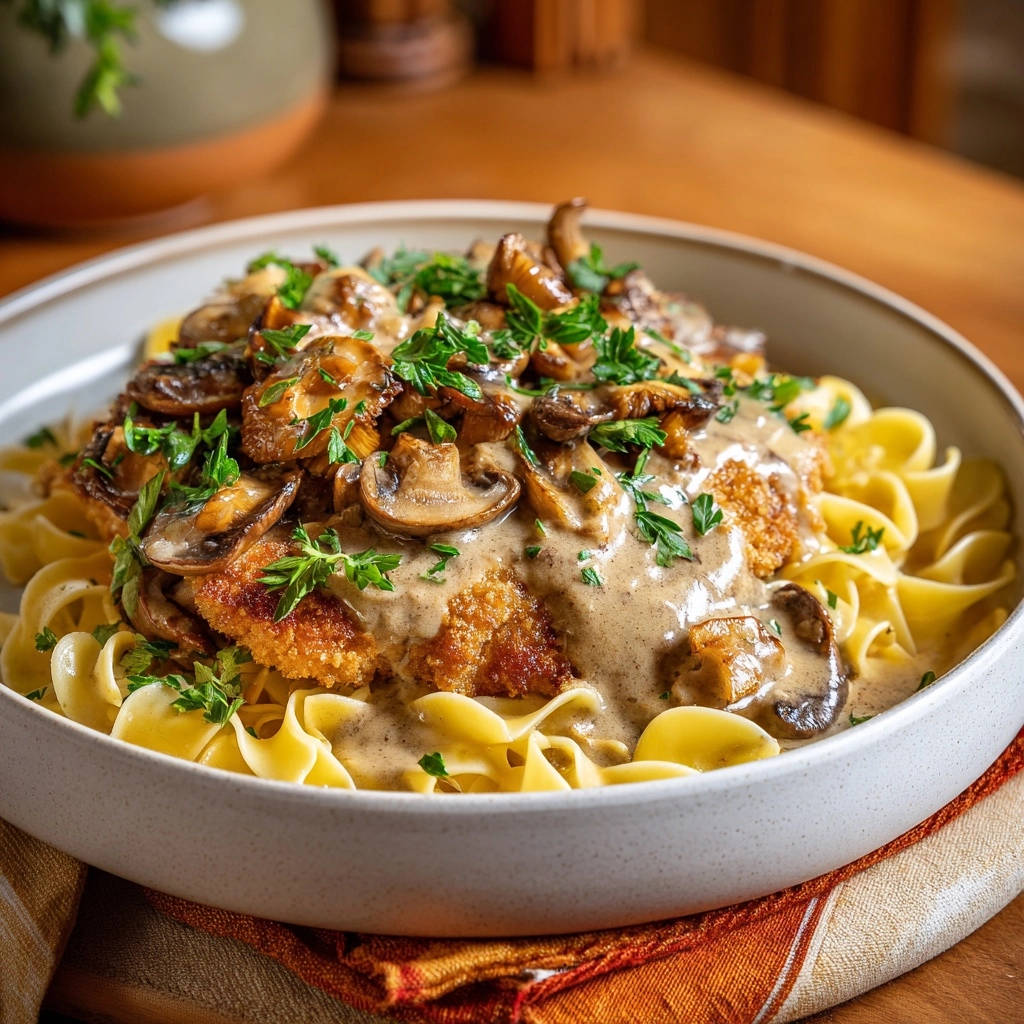 Knuspriges Hhnchenschnitzel Mit Pilzrahmsoe Serviert 1 Knuspriges Hähnchenschnitzel mit Pilzrahmsoße, serviert in einer eleganten Schüssel, mit reichlich cremiger Soße und frischen Kräutern garniert.
