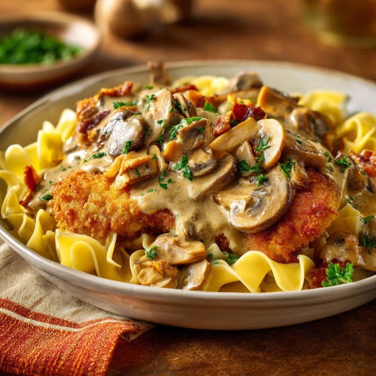Knuspriges Hähnchenschnitzel mit Pilzrahmsoße, serviert auf Eiernudeln, garniert mit frischer Petersilie und knusprigem Speck.