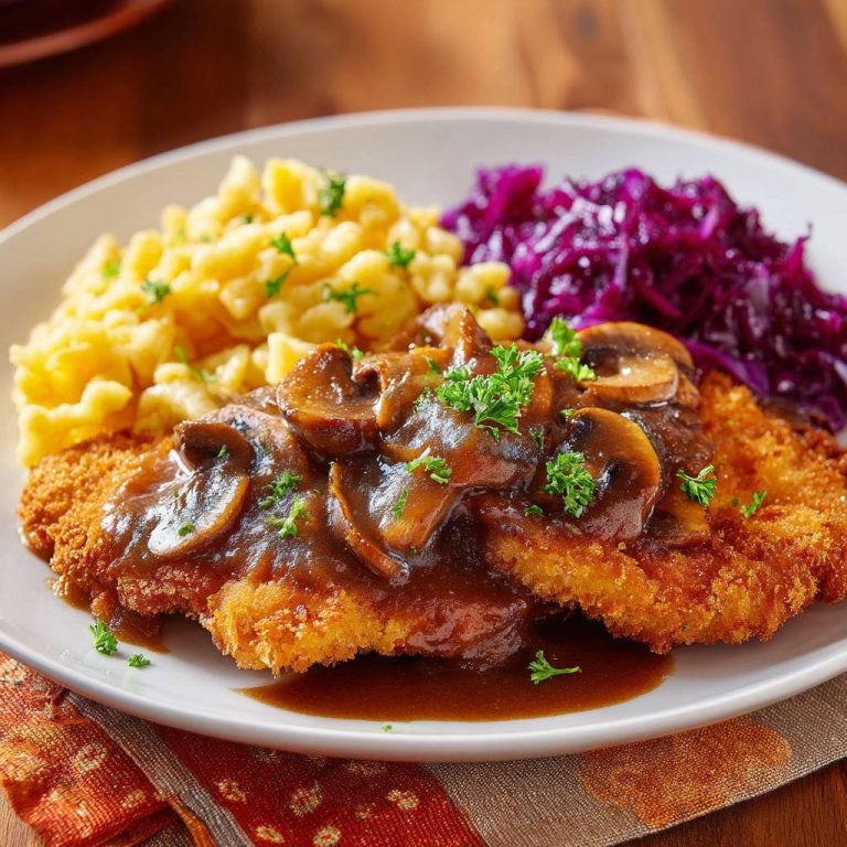 Knuspriges Jägerschnitzel mit cremiger Pilzrahmsoße, Spätzle und Rotkohl serviert, draufsicht auf einem Teller angerichtet, garniert mit frischer Petersilie.