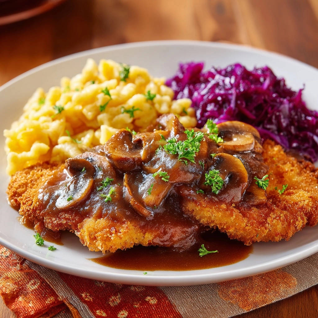 Knuspriges Jägerschnitzel mit cremiger Pilzrahmsoße, Spätzle und Rotkohl serviert, draufsicht auf einem Teller angerichtet, garniert mit frischer Petersilie.