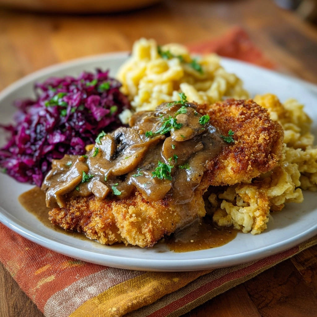 Knuspriges Jagerschnitzel Serviert 1 Knuspriges Jägerschnitzel serviert auf einem Teller mit cremiger Pilzrahmsoße, Spätzle und Rotkohl, angerichtet für ein köstliches Essen.