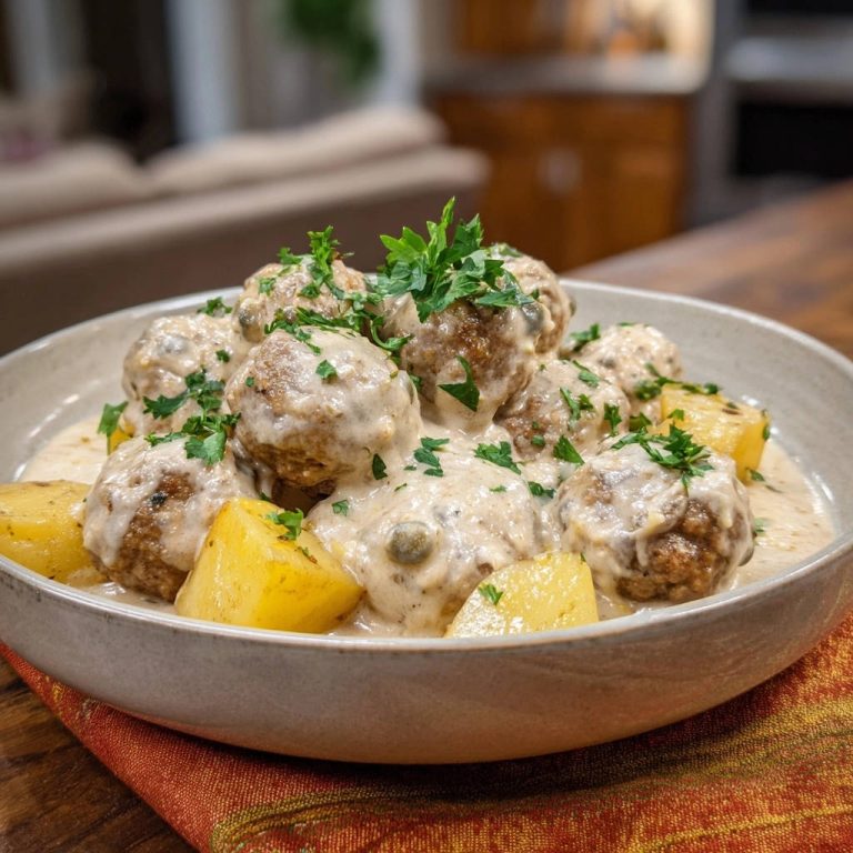 Königsberger Klopse serviert in einer Schüssel, bedeckt mit cremiger Sauce und Petersilie garniert, serviert mit Kartoffelwürfeln.