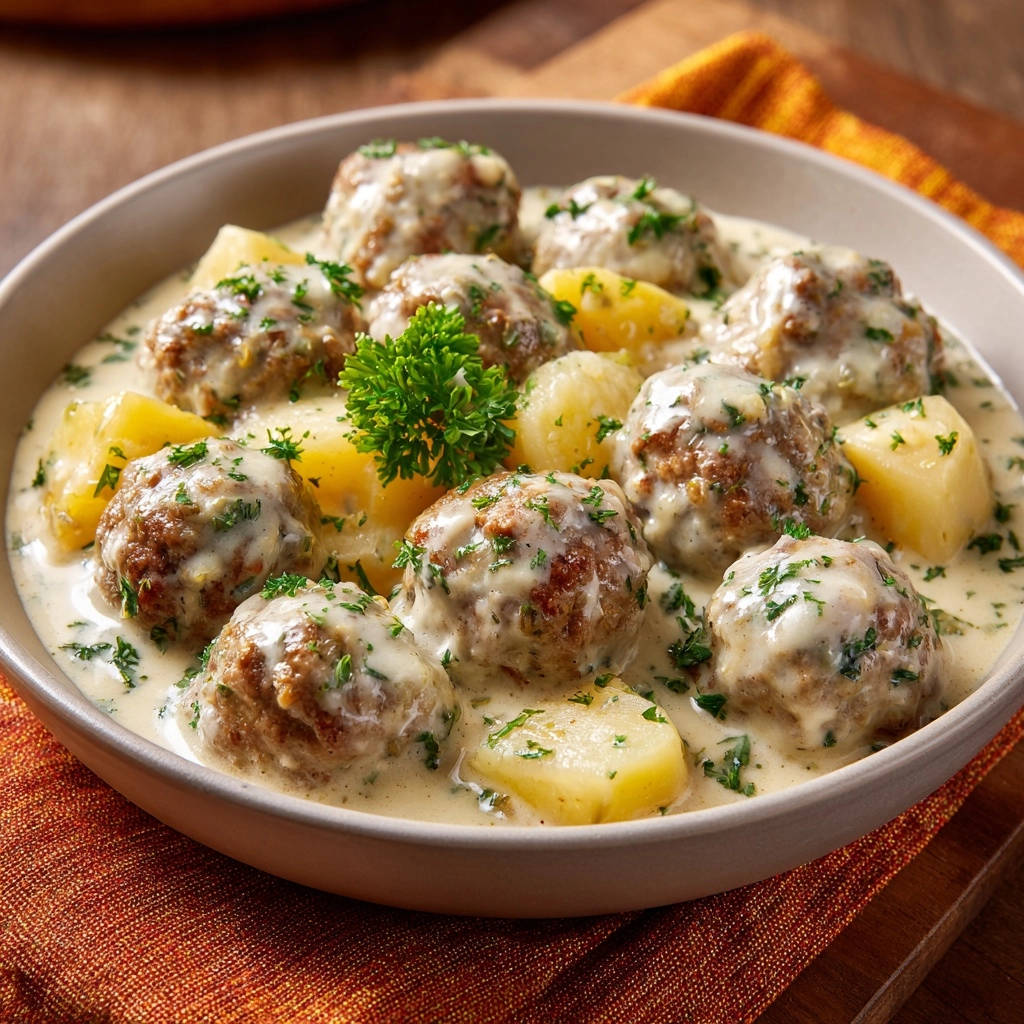 Konigsberger Klopse Serviert Nahaufnahme 1 Königsberger Klopse in cremiger Sauce serviert, eine Nahaufnahme zeigt die zarten Fleischbällchen mit Käse überbacken und Kartoffeln.