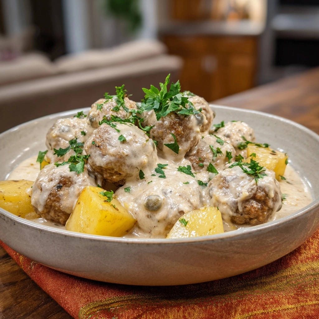 Königsberger Klopse serviert in einer Schüssel, bedeckt mit cremiger Sauce und Petersilie garniert, serviert mit Kartoffelwürfeln.