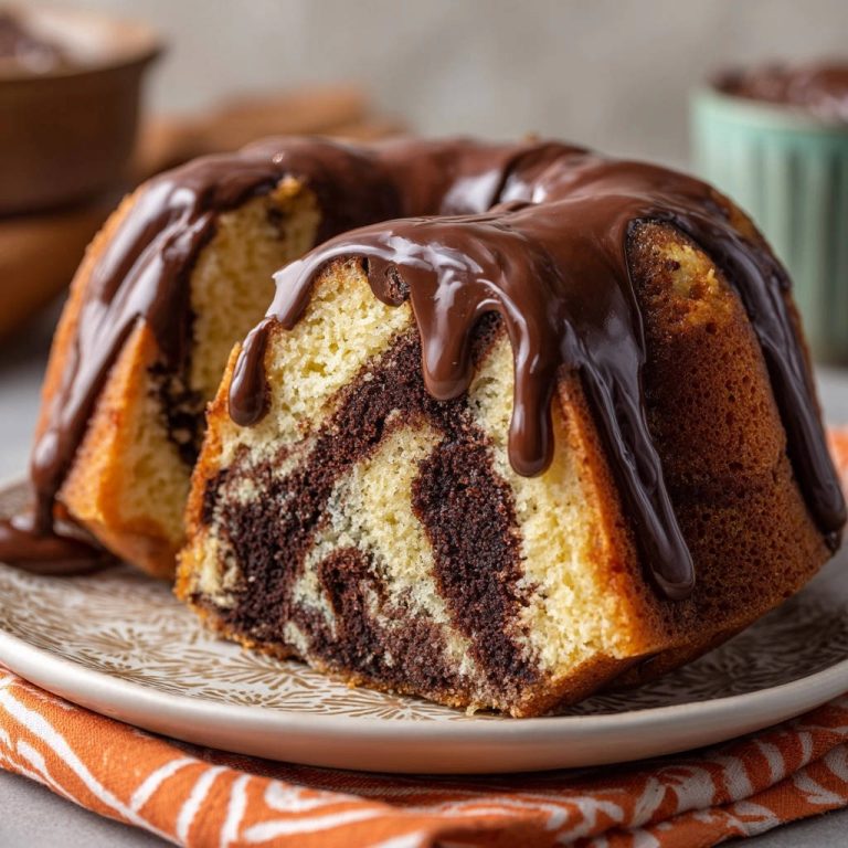 Marmorkuchen mit Schokoladenglasur zeigt einen saftigen Querschnitt, der das schöne Marmormuster und die schokoladige Glasur offenbart.