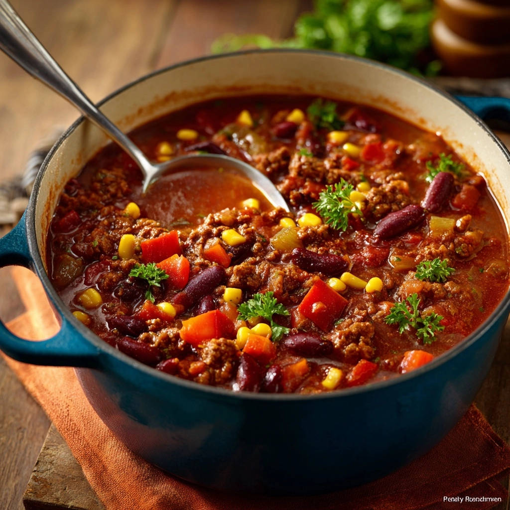 Mein Bestes Chili Con Carne Draufsicht 1 Mein Bestes Chili Con Carne in einer blauen Kochtopf serviert, eine köstliche Draufsicht mit frischen Kräutern garniert.