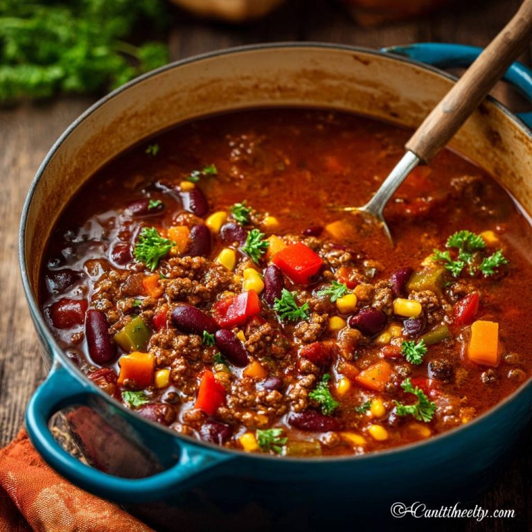 Mein bestes Chili Con Carne in einer blauen Pfanne, garniert mit frischer Petersilie, aus der Vogelperspektive betrachtet.