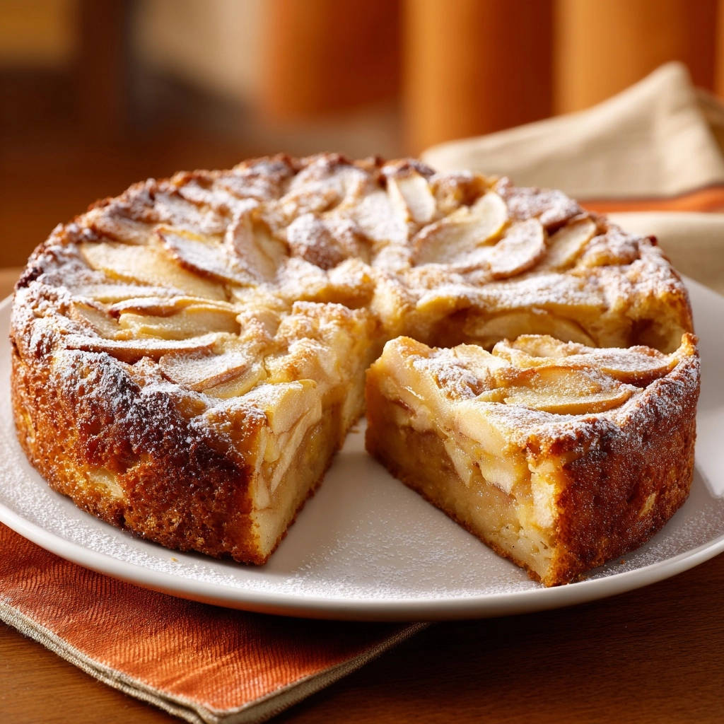 Omas Apfelkuchen Querschnitt Serviert 1 Omas Apfelkuchen mit Apfelscheiben belegt, serviert auf einem weißen Teller, zeigt einen saftigen Querschnitt. Der Kuchen ist mit Puderzucker bestäubt.