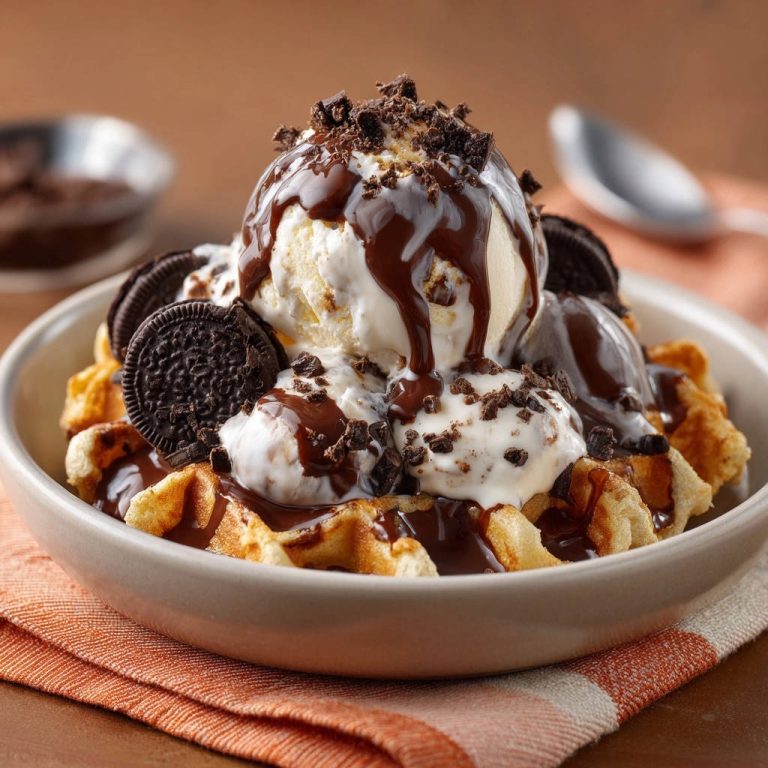 Der ultimative Oreo-Waffeltraum mit Vanilleeis wird in einer Schüssel serviert, mit Schokoladensauce und Oreo-Keksstücken garniert.