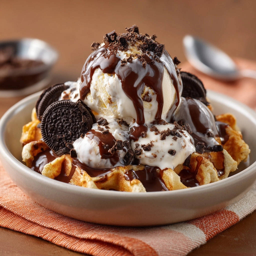 Der ultimative Oreo-Waffeltraum mit Vanilleeis wird in einer Schüssel serviert, mit Schokoladensauce und Oreo-Keksstücken garniert.