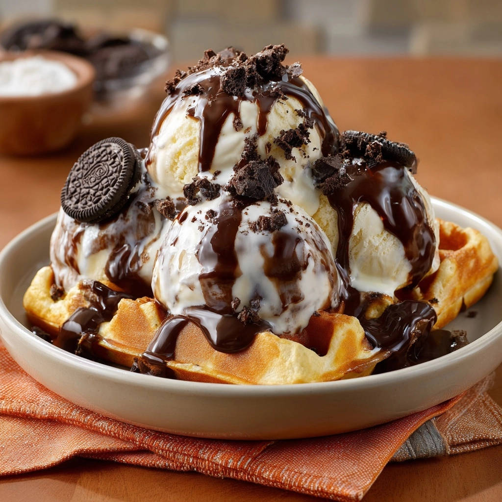 Oreo Waffeltraum Vanilleeis Serviert 1 Der Oreo-Waffeltraum mit Vanilleeis serviert auf einem Teller, üppig mit Schokosauce und Keksbröseln garniert.