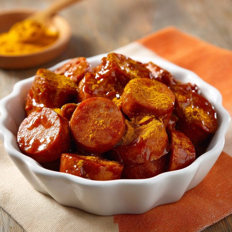 Original Berliner Currywurst in einer weißen Schale, mit Currypulver bestreut, in Nahaufnahme fotografiert. Die saftigen Wurststücke sind mit Soße bedeckt.