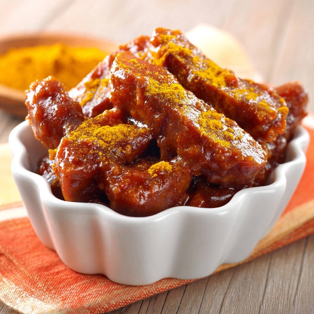 Original Berliner Currywurst Nahaufnahme Serviert 1 Original Berliner Currywurst in einer weißen Schale serviert, mit einer Nahaufnahme, die die glänzende Sauce und die Gewürze zeigt.