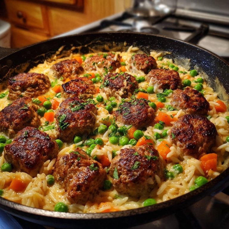 Pfannen-Frikadellen mit cremigem Orzo: Nahaufnahme der fertigen Mahlzeit, garniert mit frischer Petersilie und Erbsen in einer Pfanne.