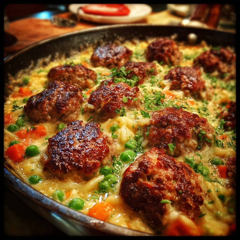 Pfannen Frikadellen Mit Cremigem Orzo Draufsicht 1 Pfannen-Frikadellen mit cremigem Orzo von oben: Diese köstliche Mahlzeit zeigt saftige Frikadellen auf cremiger Orzo-Basis mit Gemüse.