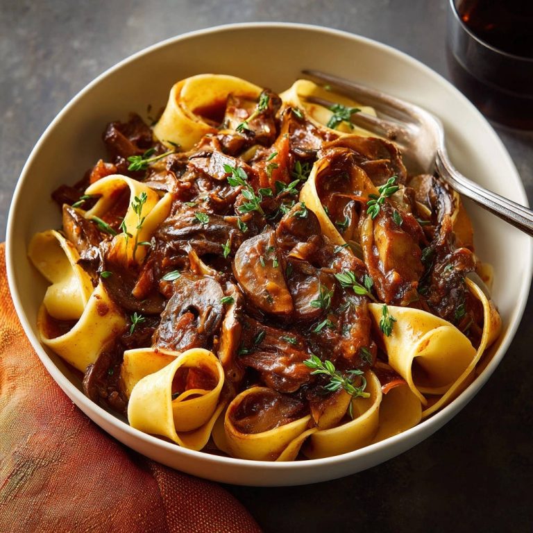 Reichhaltiges Pilzragout mit Pappardelle, serviert in einer cremefarbenen Schüssel, garniert mit frischem Thymian und angerichtet mit einer Gabel.
