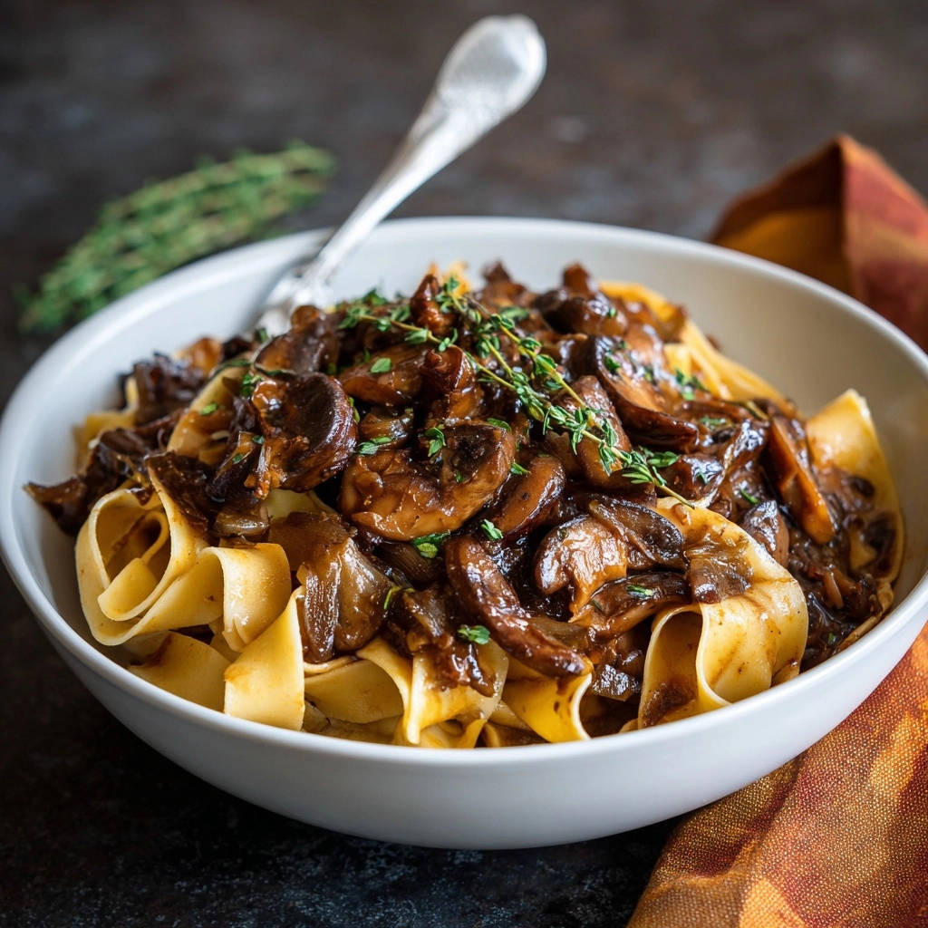 Reichhaltiges Pilzragout Mit Pappardelle Serviert 1 Reichhaltiges Pilzragout mit Pappardelle in einer Schüssel serviert, garniert mit frischem Thymian. Die hausgemachten Nudeln sind perfekt mit der Pilzsoße bedeckt.