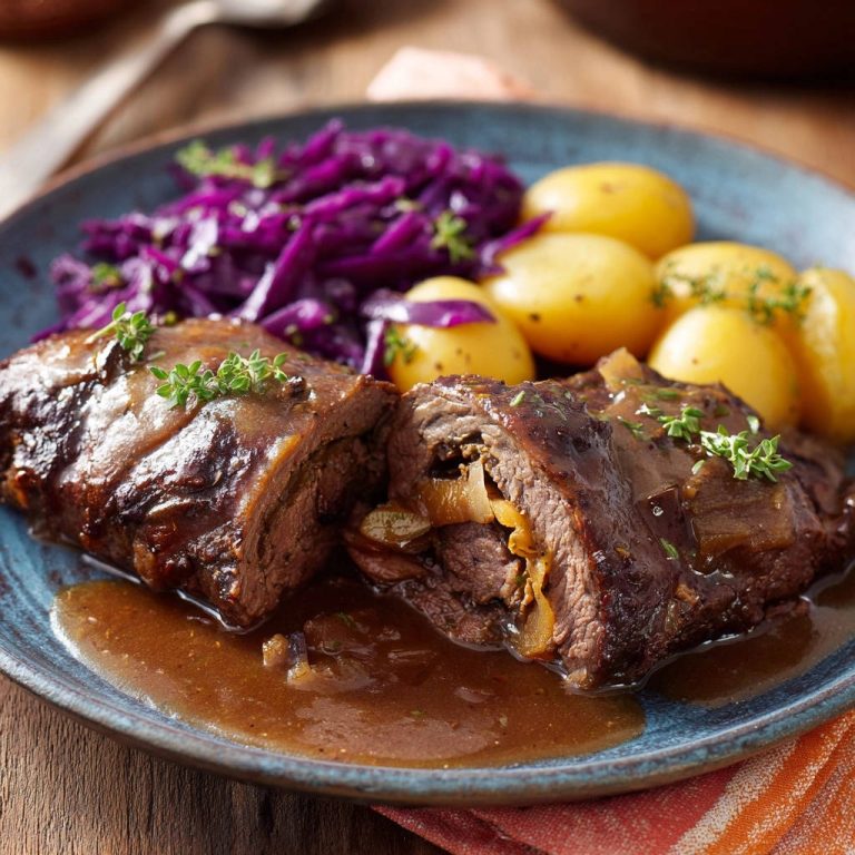 Saftig-zarte Rinderrouladen mit Rotkohl und Salzkartoffeln, serviert auf einem Teller, zeigen einen köstlichen Querschnitt der Fleischrolle.