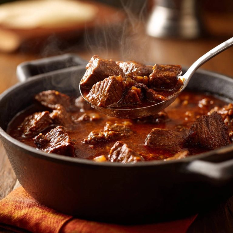 Herzhaftes Rindsgulasch in Nahaufnahme, dampfend heiß und servierfertig in einem Topf, wird mit einem Löffel abgefüllt.