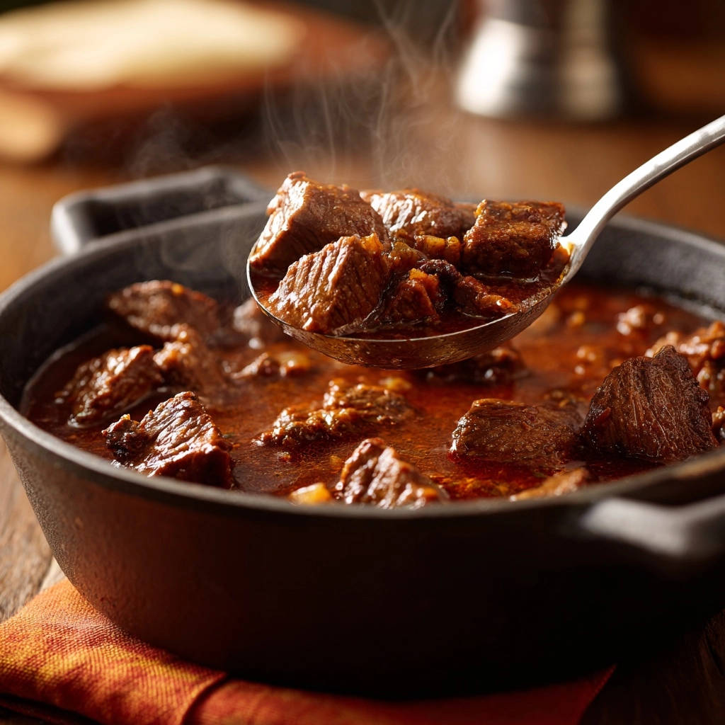 Herzhaftes Rindsgulasch in Nahaufnahme, dampfend heiß und servierfertig in einem Topf, wird mit einem Löffel abgefüllt.