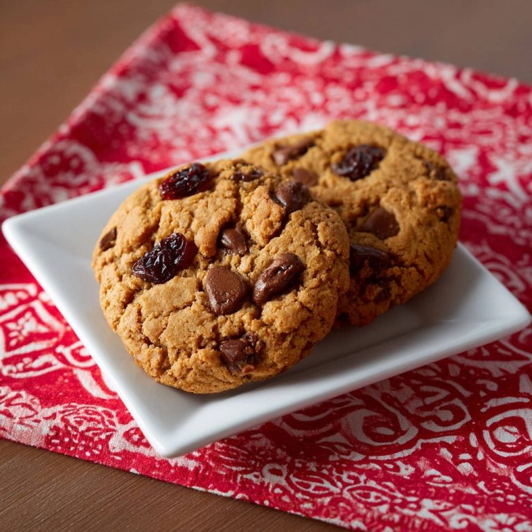 Rosinen-Schoko-Cookies, serviert auf einem weißen Teller, zeigen eine Nahaufnahme der Textur und der Schokostücke und Rosinen.