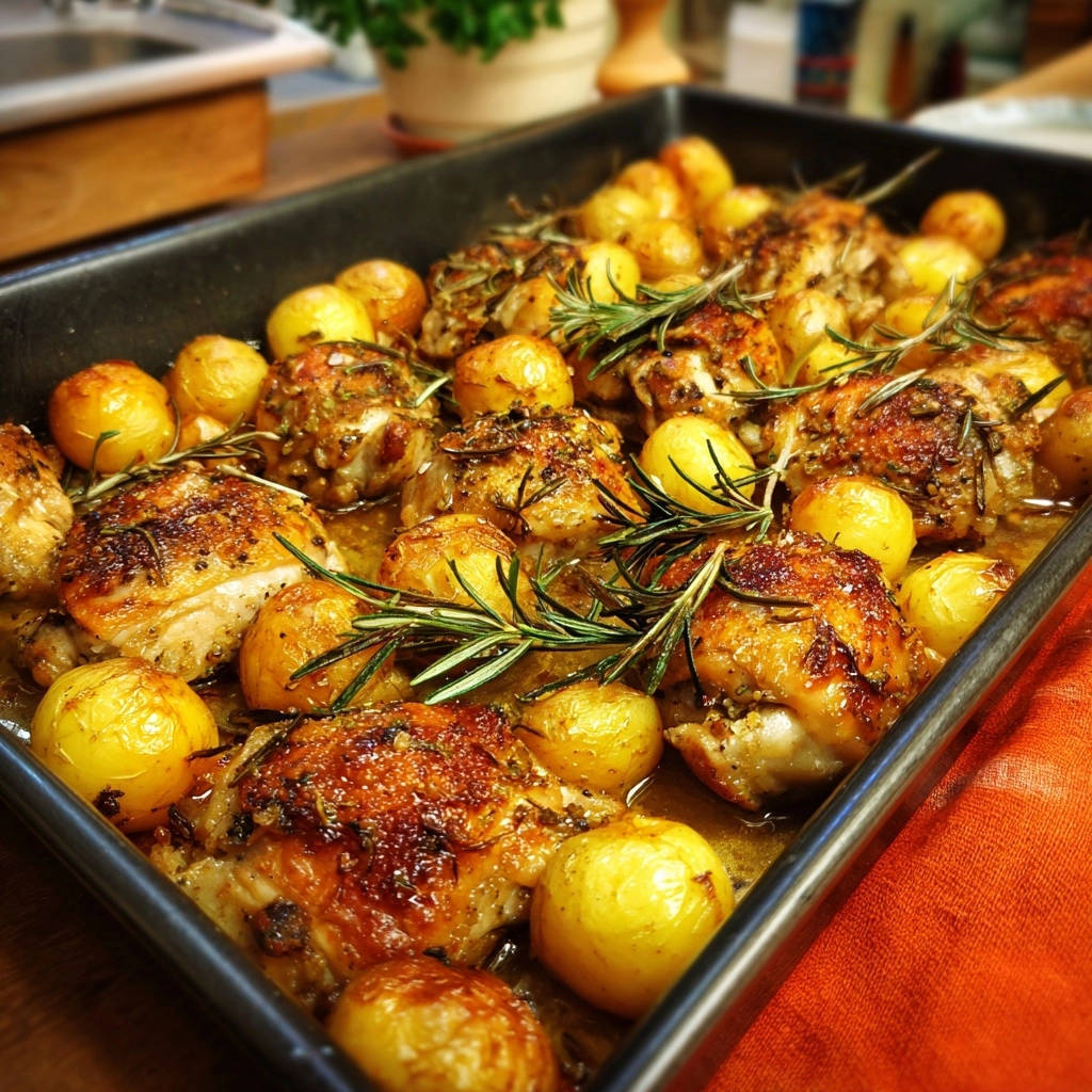 Rosmarinhahnchen Mit Babykartoffeln Vom Blech Draufsicht 1 Rosmarinhähnchen mit Babykartoffeln vom Blech in einer Auflaufform, frisch aus dem Ofen, garniert mit Rosmarinzweigen.