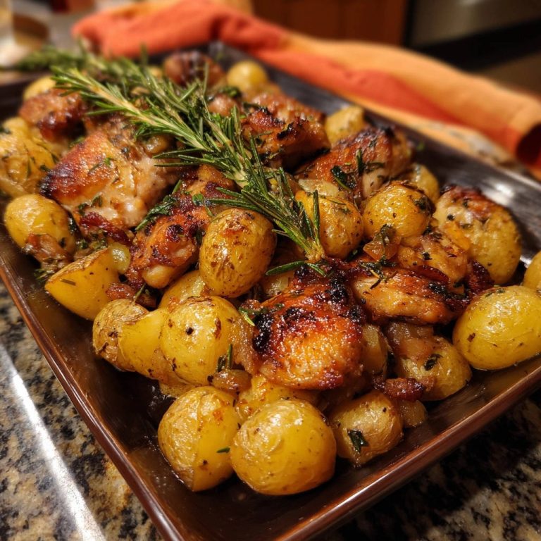 Rosmarinhähnchen mit Babykartoffeln vom Blech, von oben fotografiert, präsentiert eine köstliche Mahlzeit mit knusprigem Hähnchen und goldbraunen Kartoffeln.