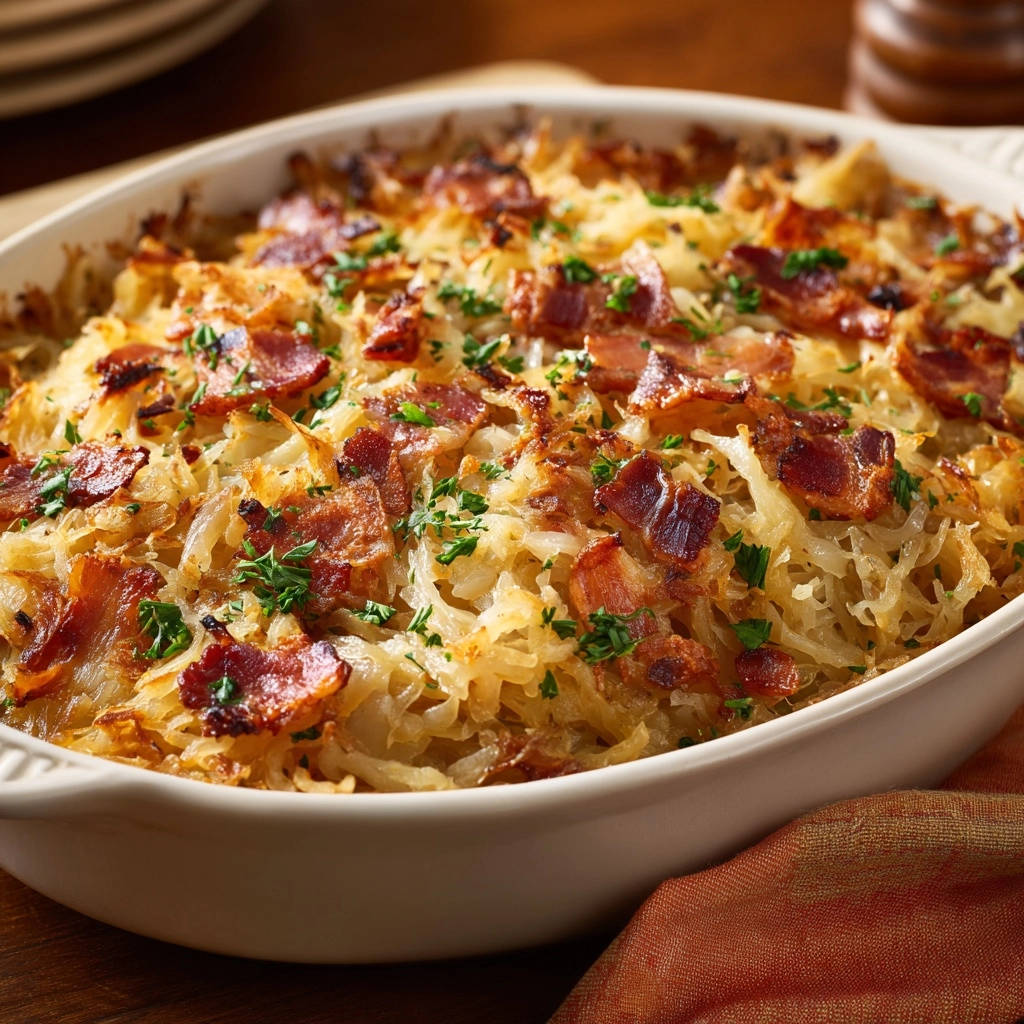 Rustikaler Kartoffel Kraut Auflauf Mit Bacon Draufsicht 1 Rustikaler Kartoffel-Kraut-Auflauf mit Bacon in einer Auflaufform, mit knusprigem Bacon belegt und frisch gehackter Petersilie.
